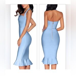 Houstil Women's V Neck Halter Fishtail Bandage Bodycon Dress light blue